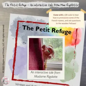 Cover page of the book, the Petit Refuge. Include a QR code to hear some of the French names, and to ask questions to the wooden Fellows