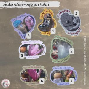 Set of stickers in various colors, featuring wooden characters