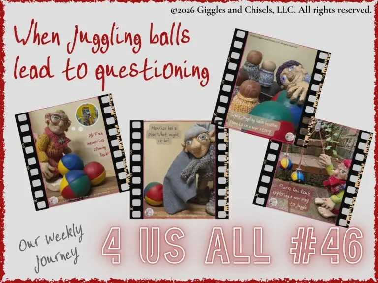 A collage of the wooden Fellows to link to 4 Us All #46