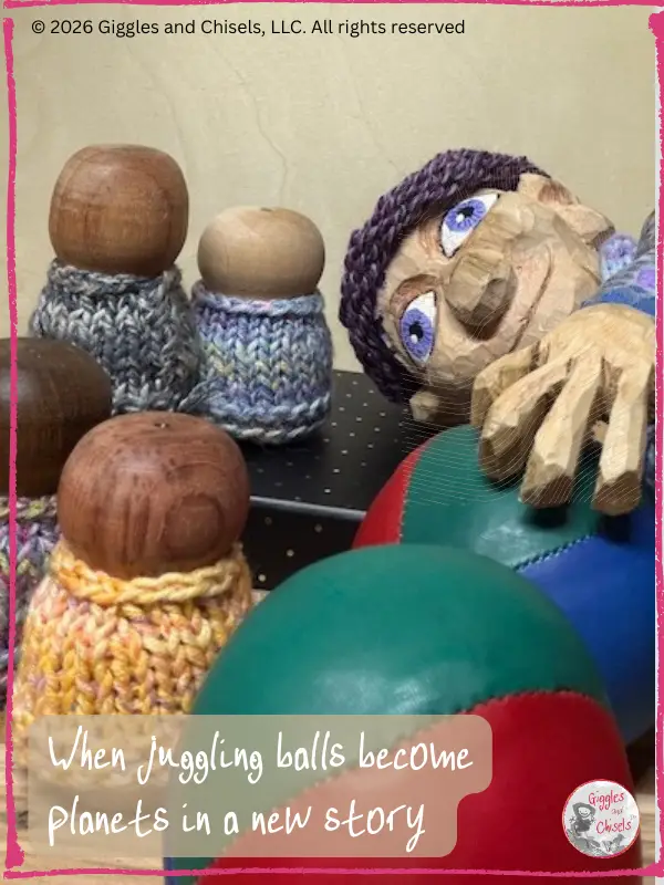 Petite Clothilde, a wooden puppet, inventing stories using juggling balls