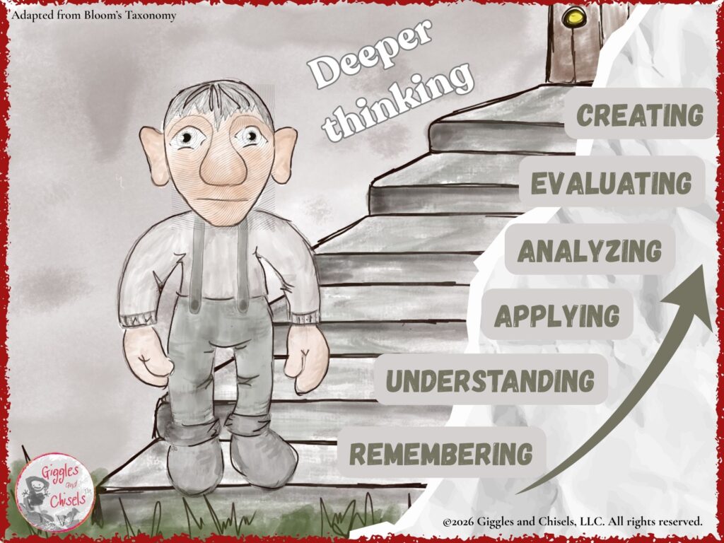 A drawing of a wooden puppet, and stairs, representing Bloom's taxonomy