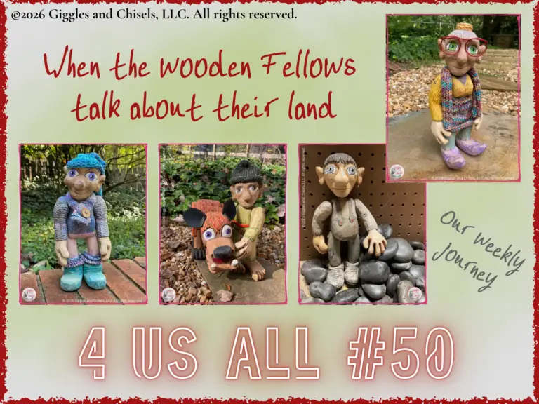 A collage of the wooden Fellows to link to 4 Us All #50
