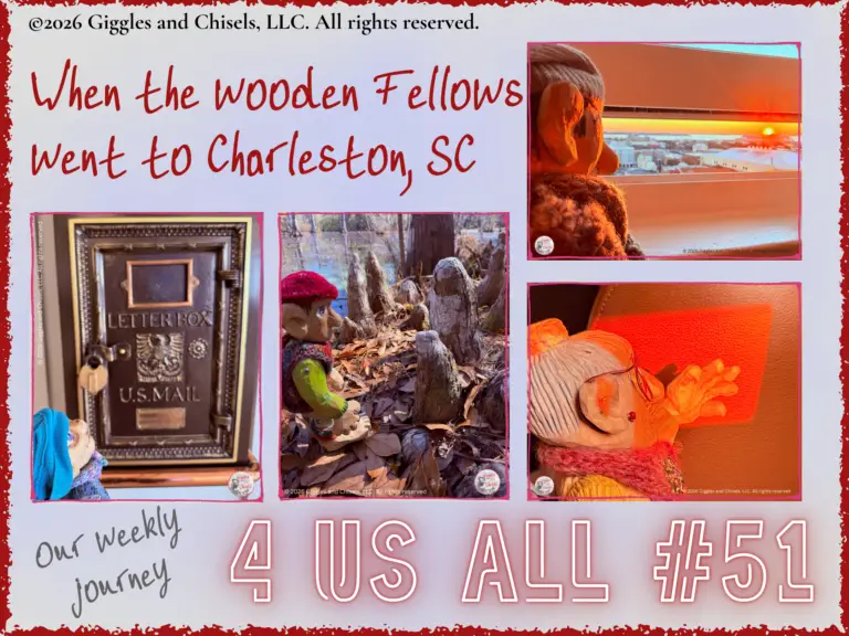 A collage of the wooden Fellows to link to 4 Us All #51