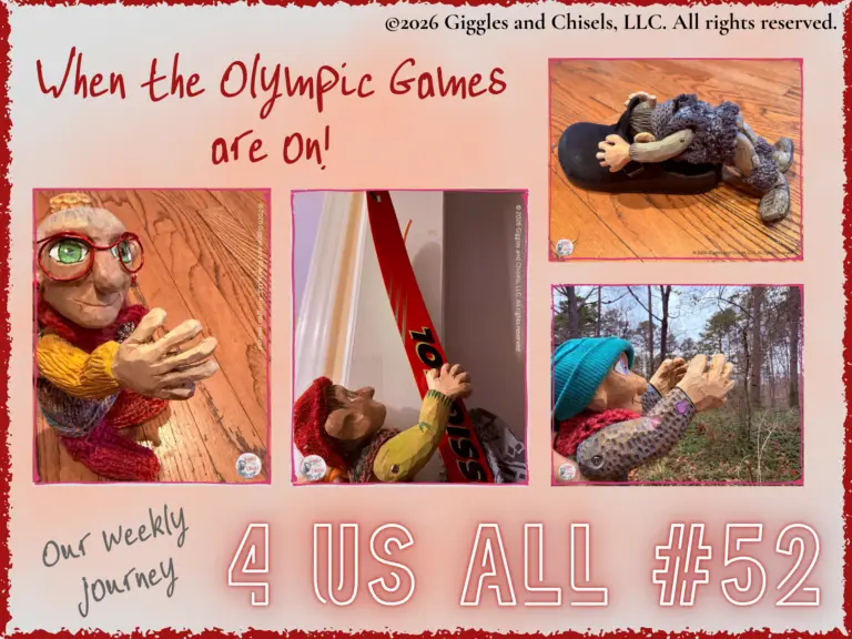A collage of the wooden Fellows to link to 4 Us All #52