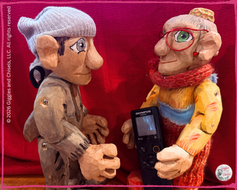 Mme Rigolotte, a wooden puppet, holding a recorder to ask questions to Maurice, another wooden puppet