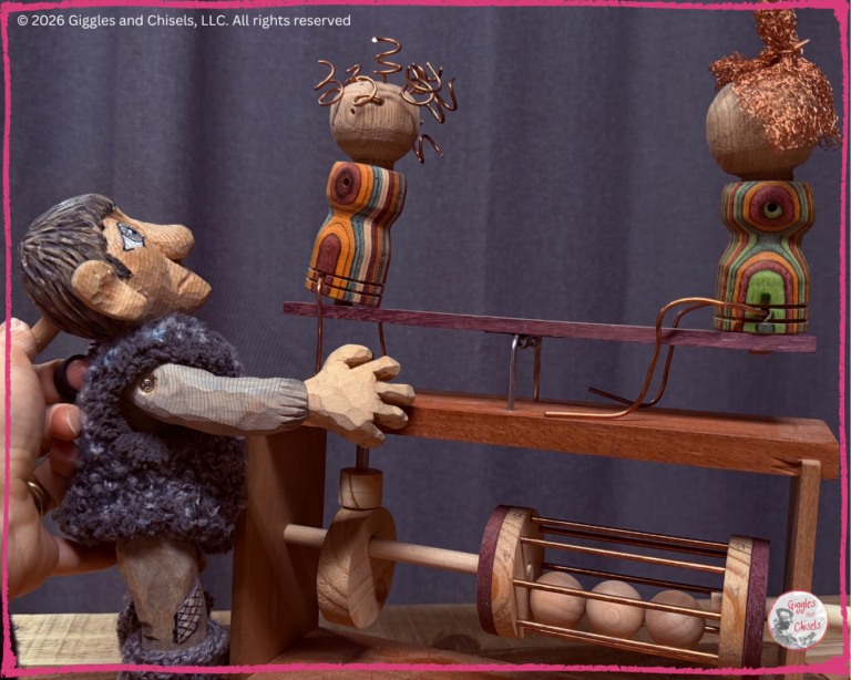 Maurice, a wooden Fellows, in front of an automata