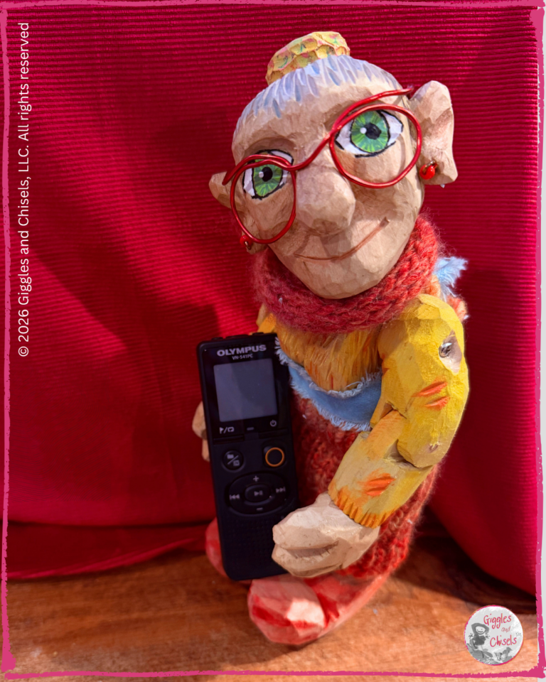 Mme Rigolotte, a wooden puppet, holding a recorder