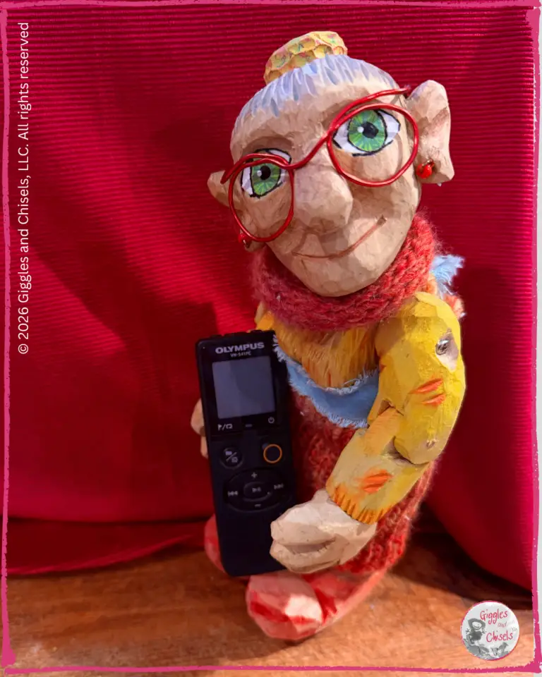 Mme Rigolotte, a wooden puppet, holding a recorder
