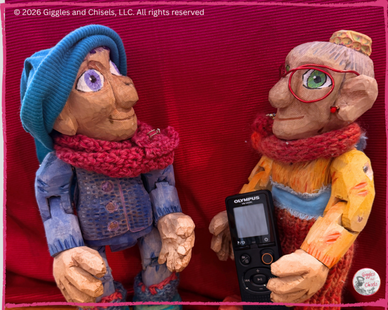 Mme Rigolotte, a wooden puppet, holding a recorder to ask questions to Petite Clothilde, another wooden puppet