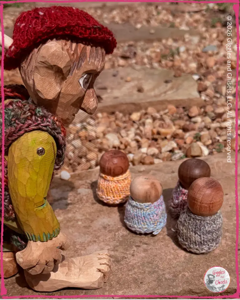 Pierre Qui Roule, a wooden puppet, getting ready to go on a walk with some whimsical creatures