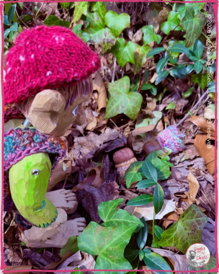 Pierre Qui Roule, a wooden puppet, walking in bed of ivies, with some whimsical creatures