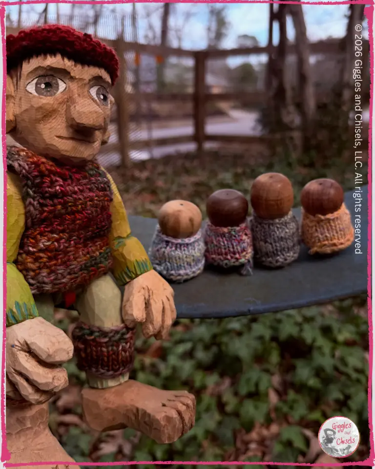 Pierre Qui Roule, a wooden puppet, seating on a swing with some whimsical creatures