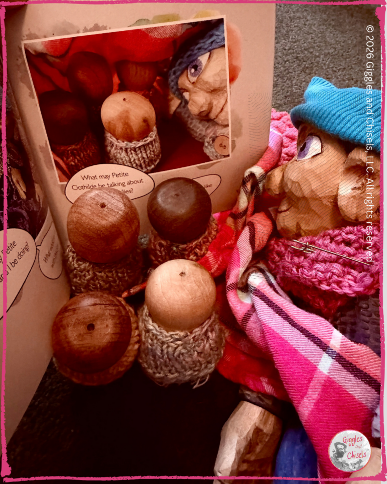 Petite Clothilde, a wooden puppet, reading a book