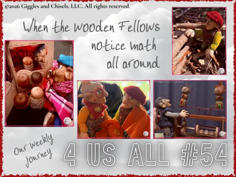A collage of the wooden Fellows to link to 4 Us All #54