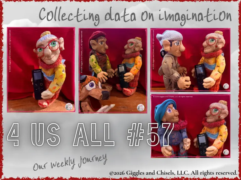 A collage of the wooden Fellows to link to 4 Us All #57