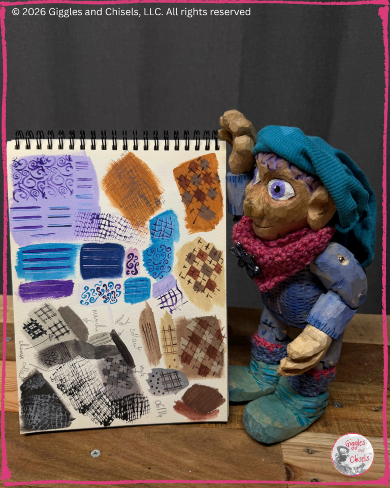Petite Clothilde, a wooden puppet, looking at paint samples