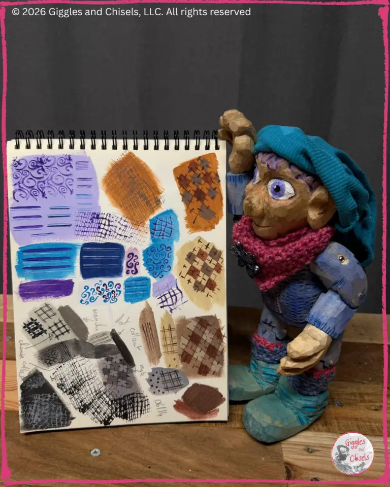 Petite Clothilde, a wooden puppet, looking at paint samples
