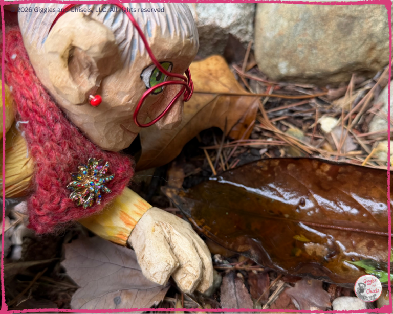 Mme Rigolotte, a wooden puppet, looking at a little puddle in a leaf
