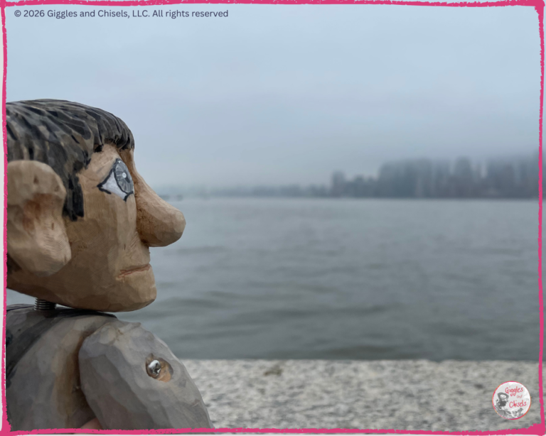 Maurice, a wooden Fellow, looking at the Hudson Bay on a foggy day