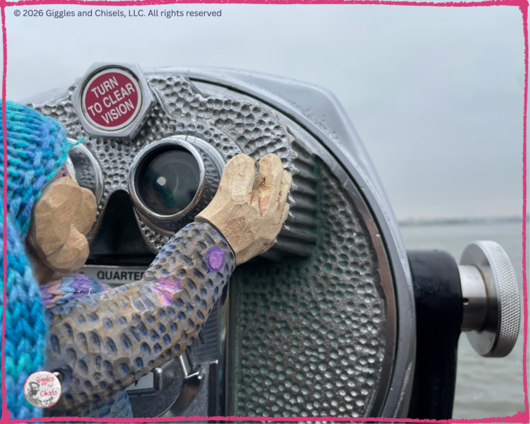 Petite Clothilde, a wooden puppet, looking in a telescope
