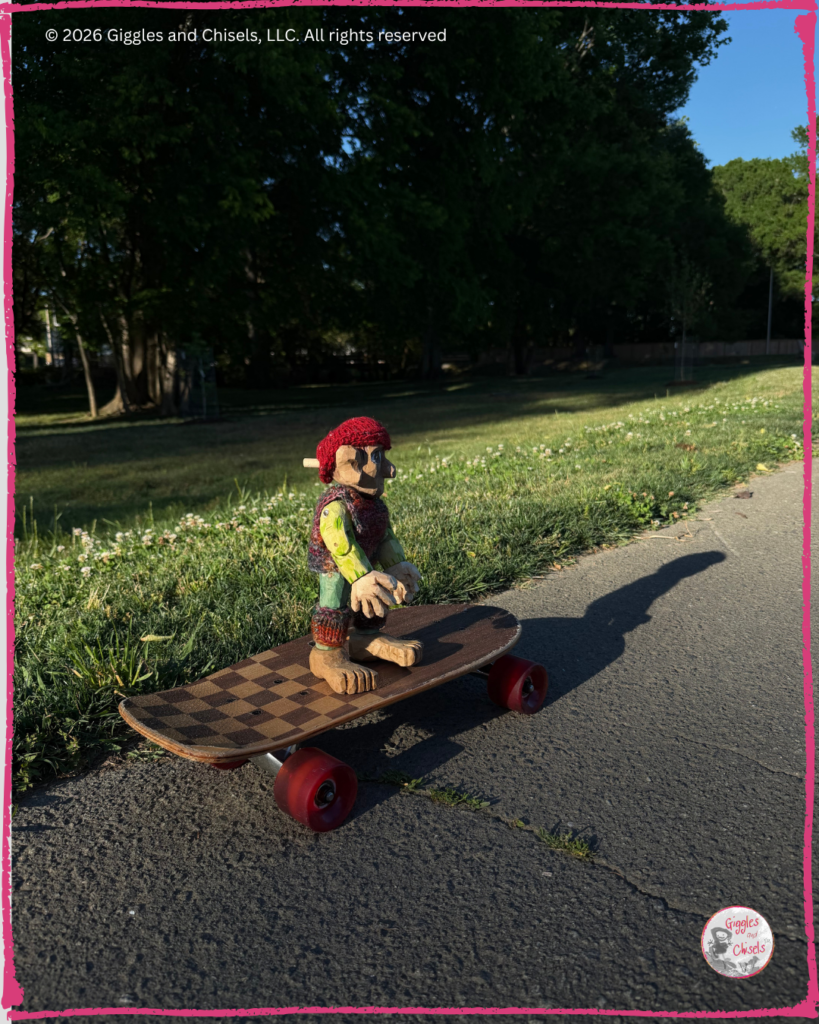 Pierre Qui Roule, a wooden Fellow, on a skateboard