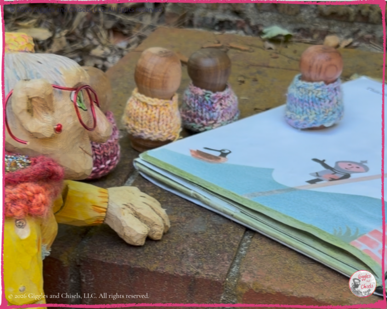 A wooden puppet, looking at a picturebook