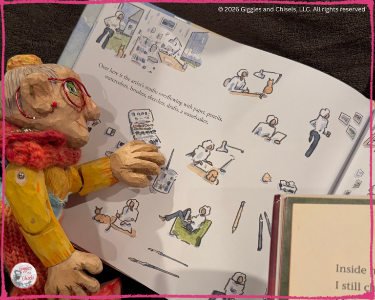 A wooden puppet, looking at a picturebook