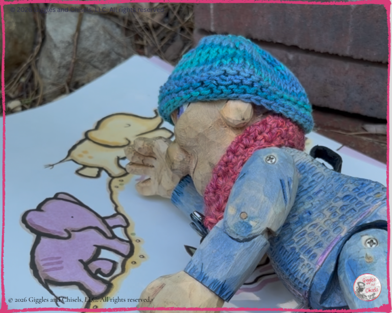 A wooden puppet, looking at a picturebook