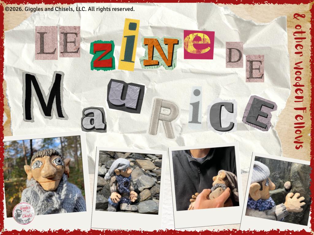 A collage of letters, writing Le Zine de Maurice, with pictures of Maurice, a wooden puppet